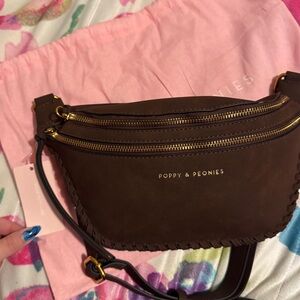 Poppy & Peonies Desert Crossbody Bag with Gold Zippers in Espresso Suede